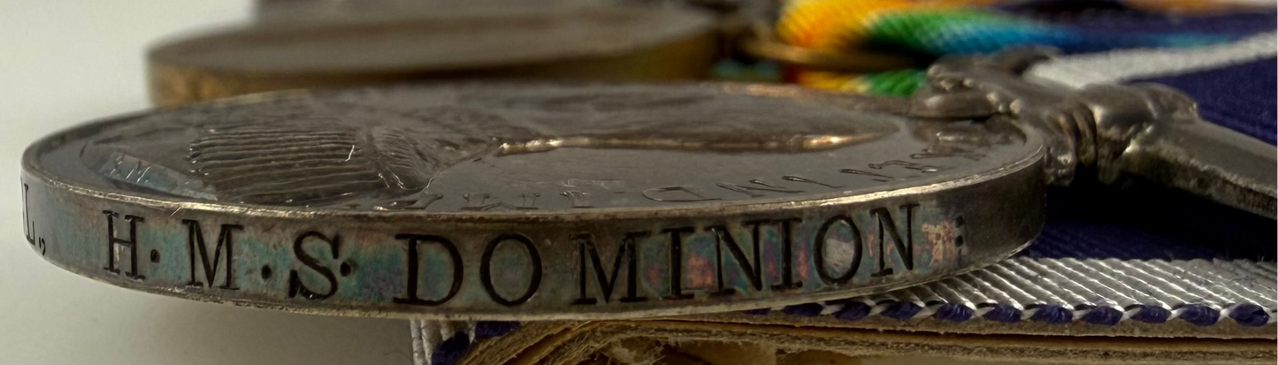 British - WWI - 1914-15 Medal Trio and Royal Navy Long Service Medal Group - HMS Dominion - Moyse