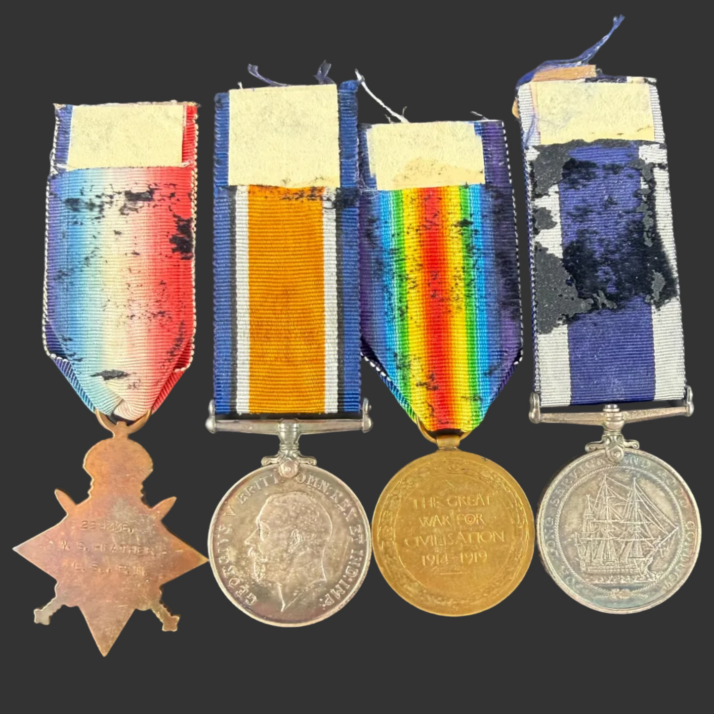 British - WWI - 1914-15 Medal Trio and Royal Navy Long Service Medal Group - HMS Resolution - Heather