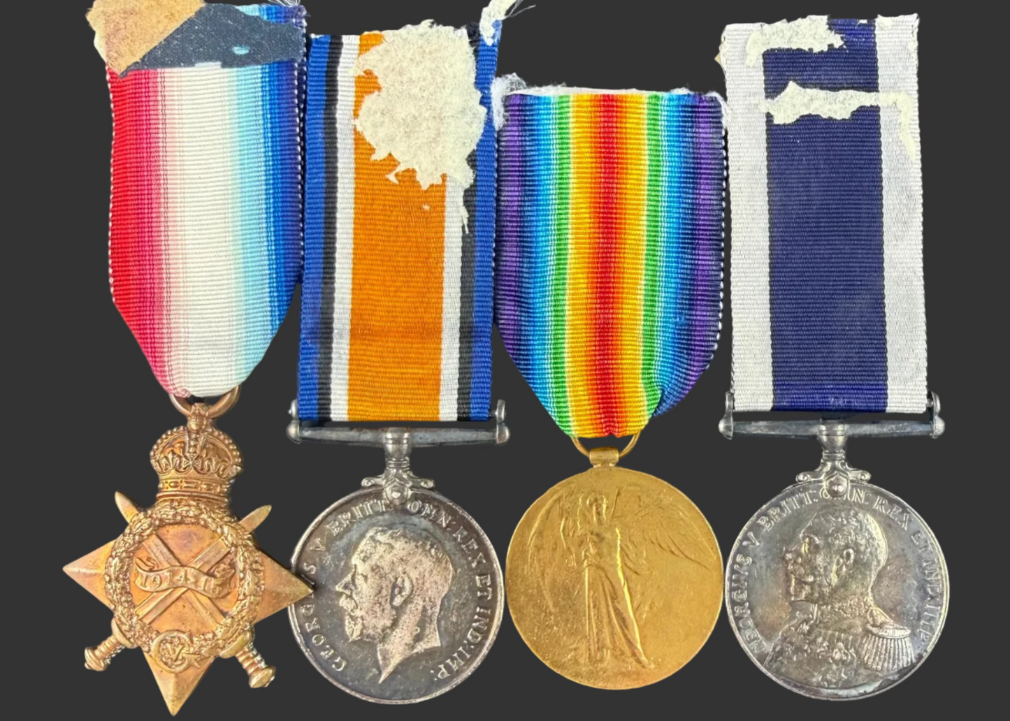 British - WWI - 1914-15 Medal Trio and Royal Navy Long Service Medal Group - HMS Concord - Penfound