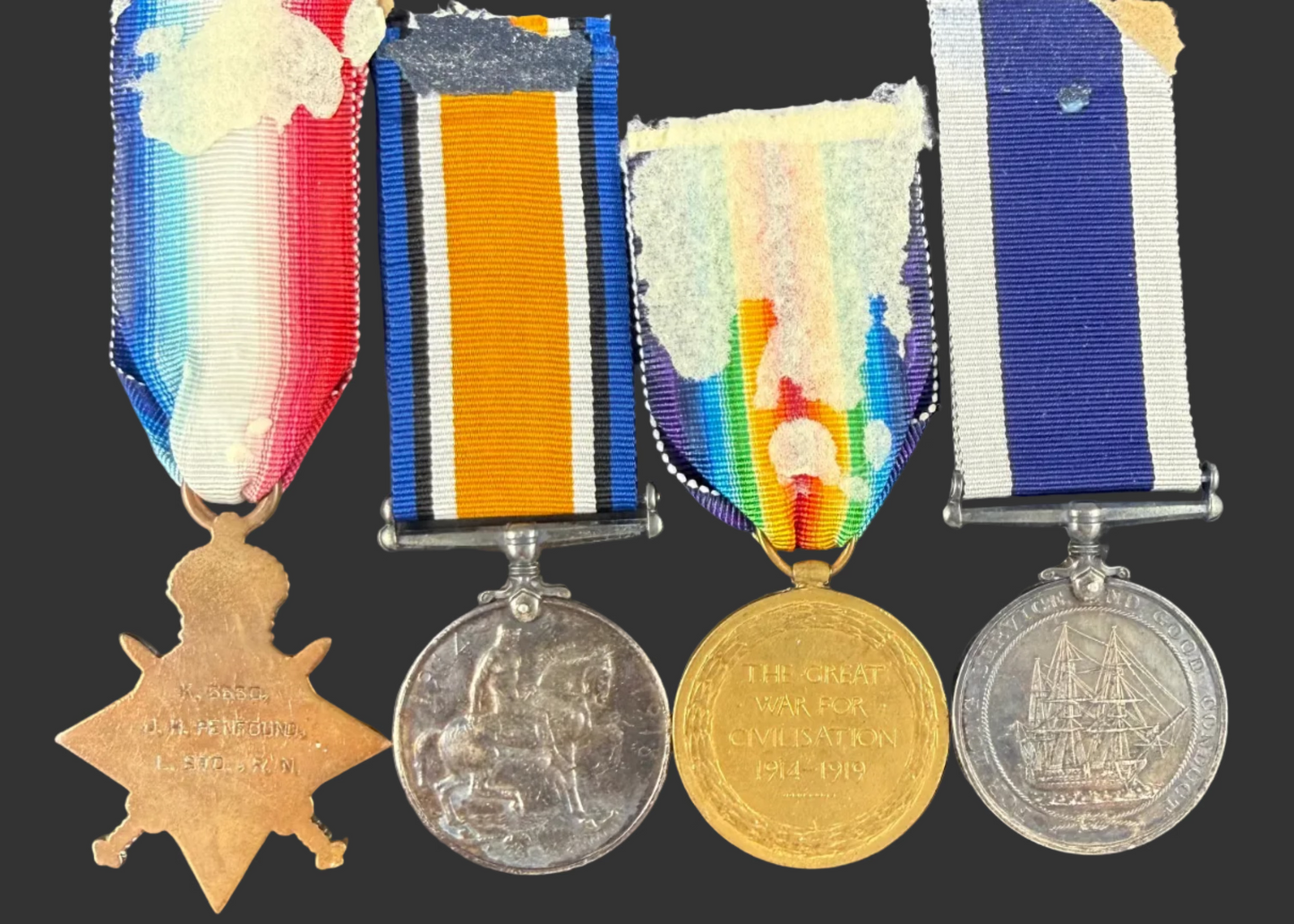 British - WWI - 1914-15 Medal Trio and Royal Navy Long Service Medal Group - HMS Concord - Penfound