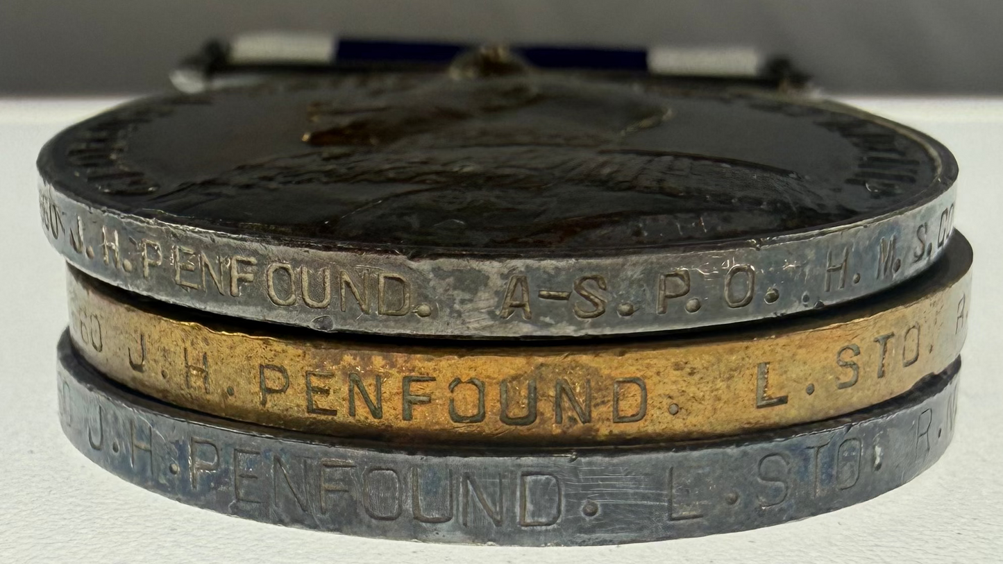 British - WWI - 1914-15 Medal Trio and Royal Navy Long Service Medal Group - HMS Concord - Penfound