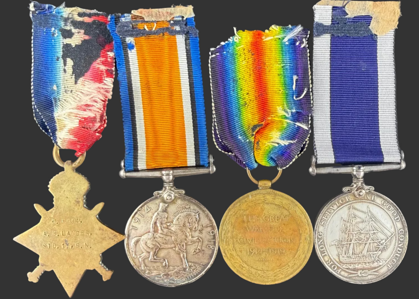 British - WWI - 1914-15 Medal Trio and Royal Navy Long Service Medal Group - HMS Caradoc - Lander