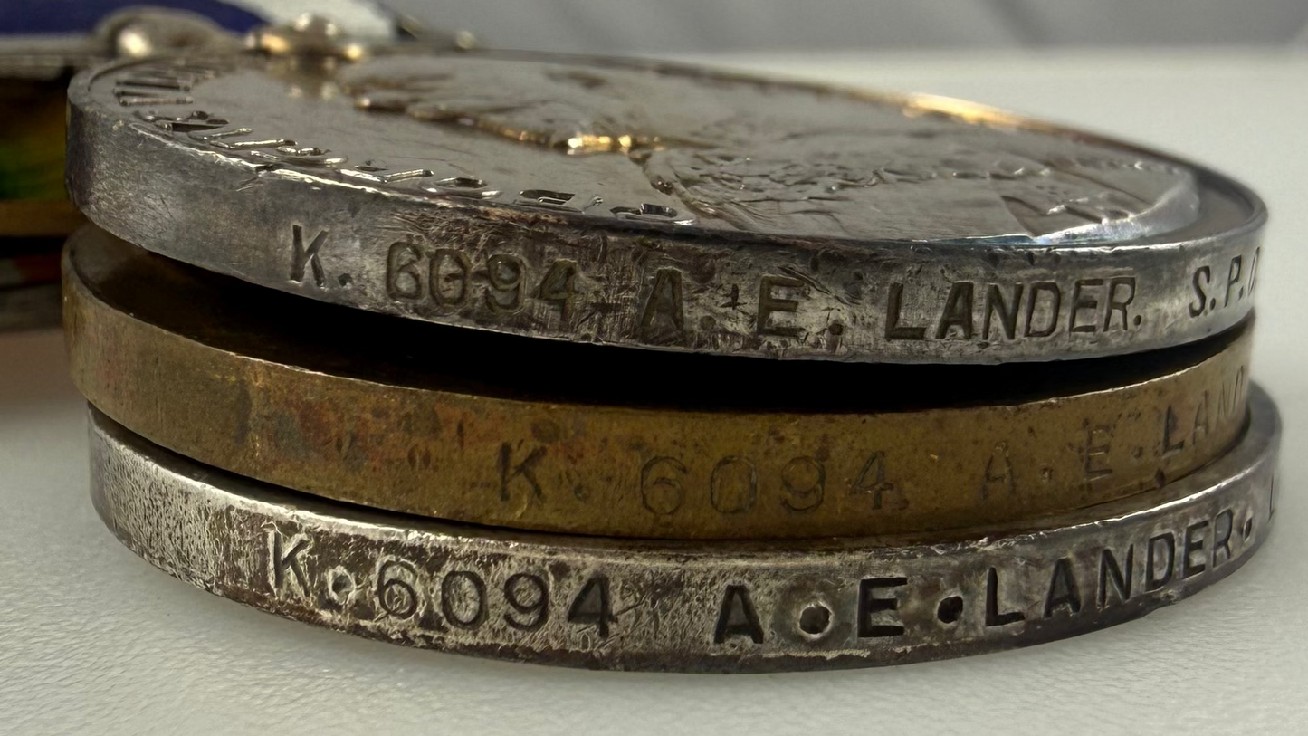 British - WWI - 1914-15 Medal Trio and Royal Navy Long Service Medal Group - HMS Caradoc - Lander