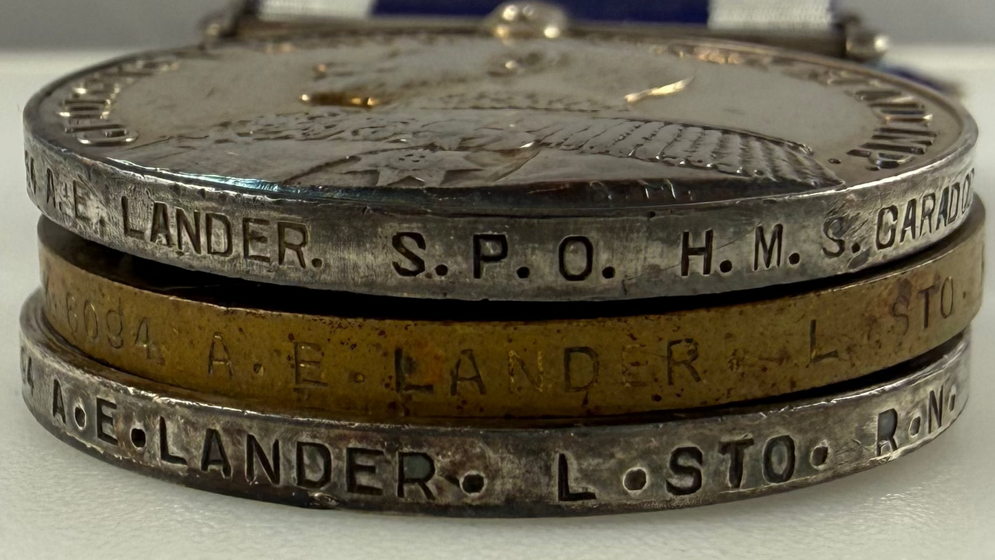 British - WWI - 1914-15 Medal Trio and Royal Navy Long Service Medal Group - HMS Caradoc - Lander