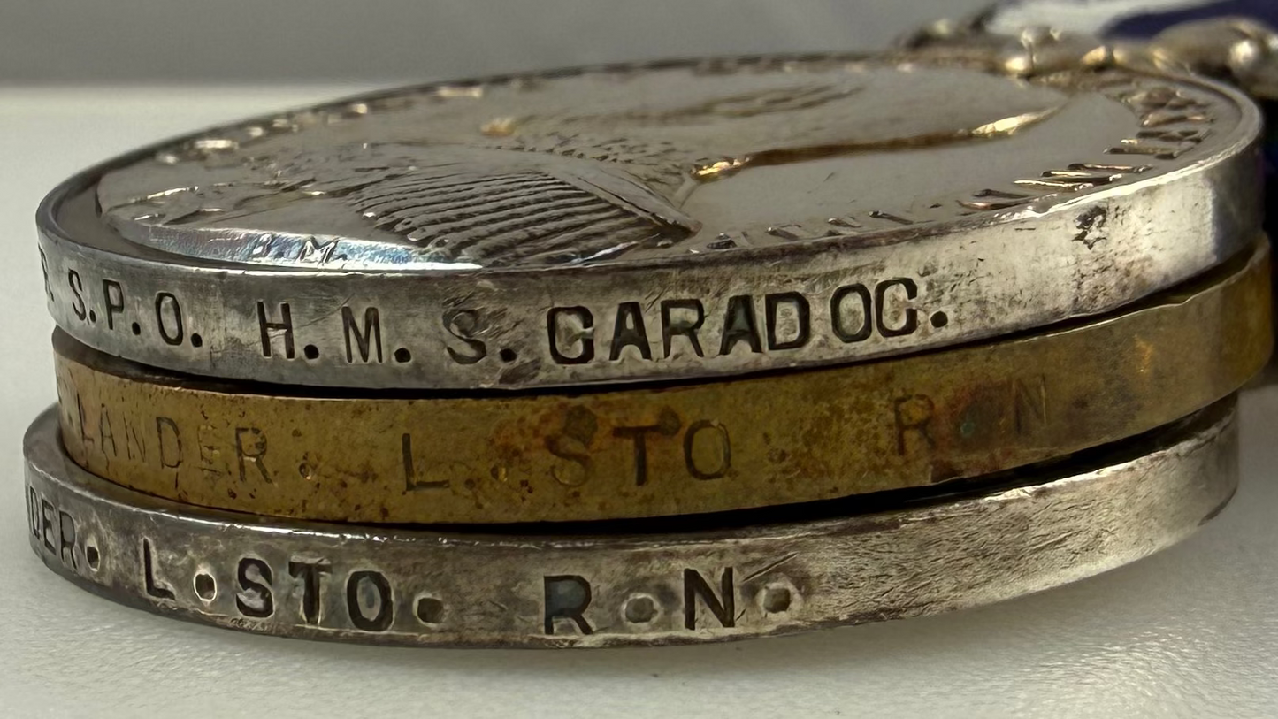 British - WWI - 1914-15 Medal Trio and Royal Navy Long Service Medal Group - HMS Caradoc - Lander