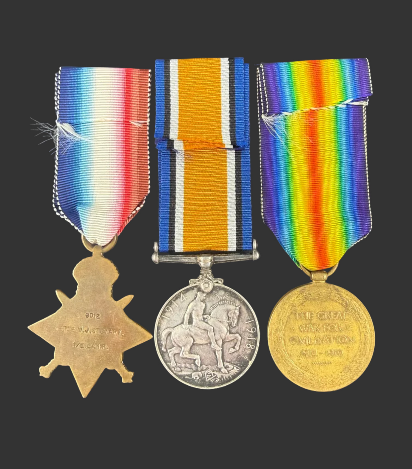 British - WWI - 1914 Star Medal Trio to 1st Battalion East Lancashire Regiment - KIA 1914 - Stewart
