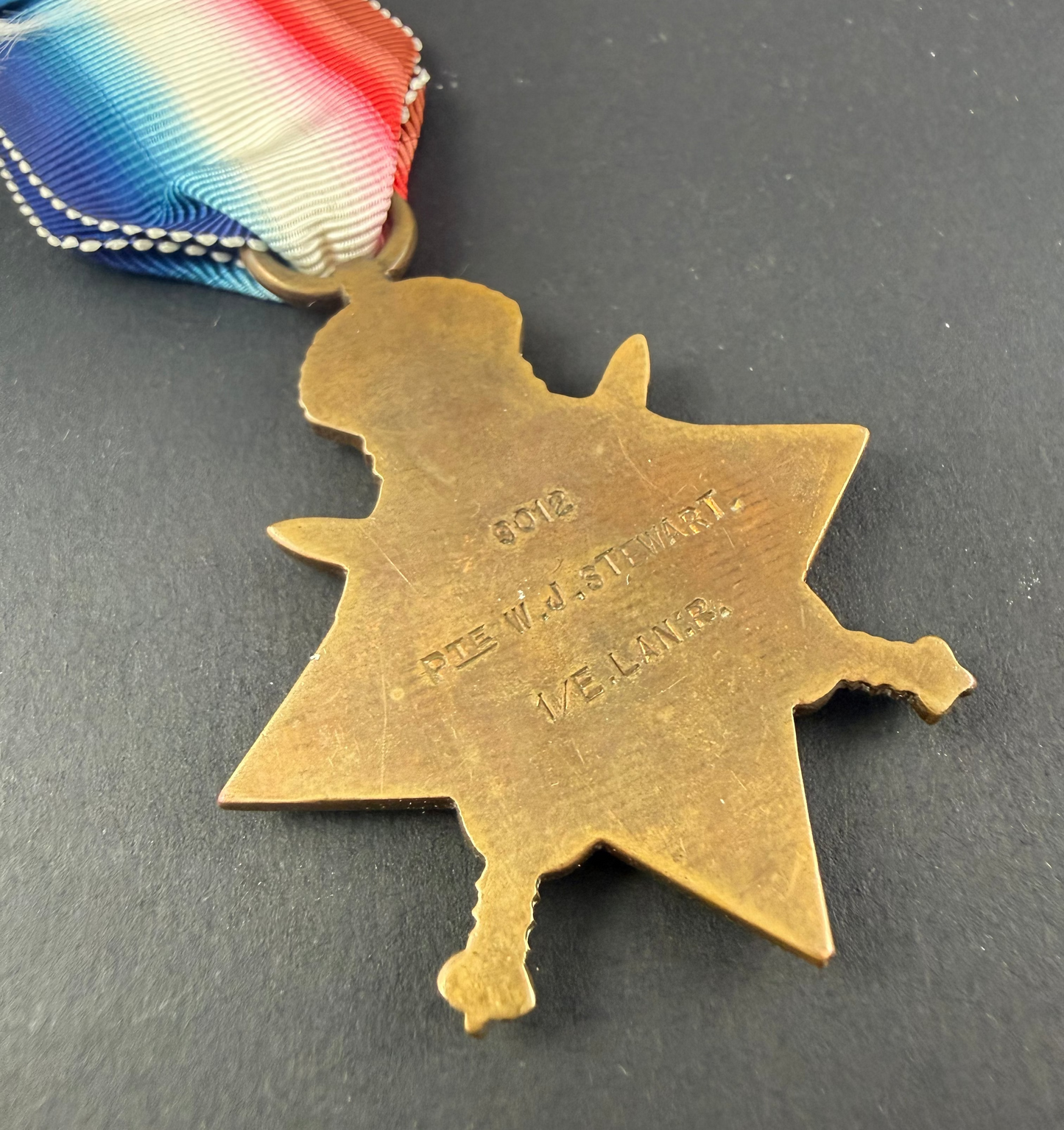 British - WWI - 1914 Star Medal Trio to 1st Battalion East Lancashire Regiment - KIA 1914 - Stewart
