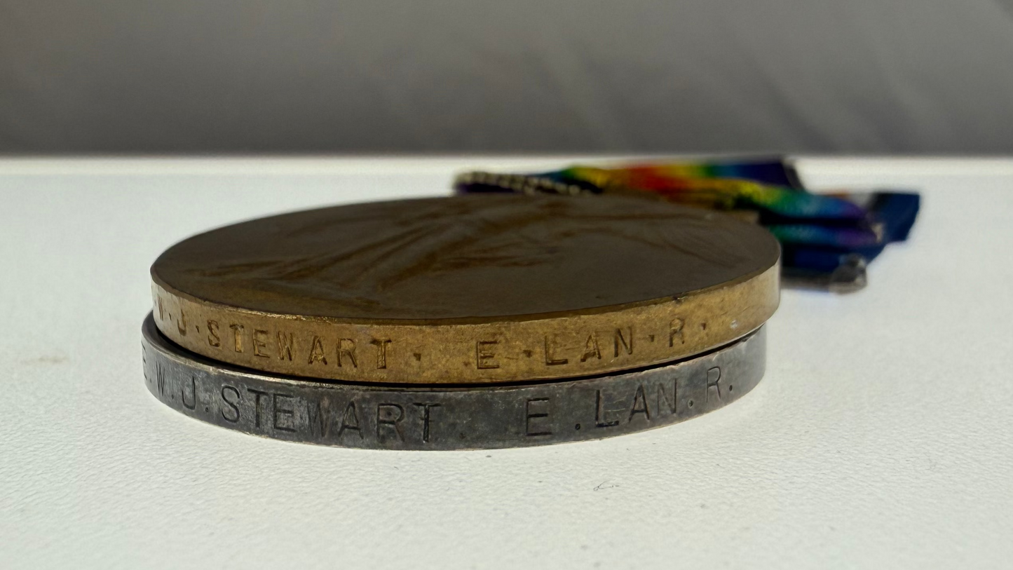 British - WWI - 1914 Star Medal Trio to 1st Battalion East Lancashire Regiment - KIA 1914 - Stewart