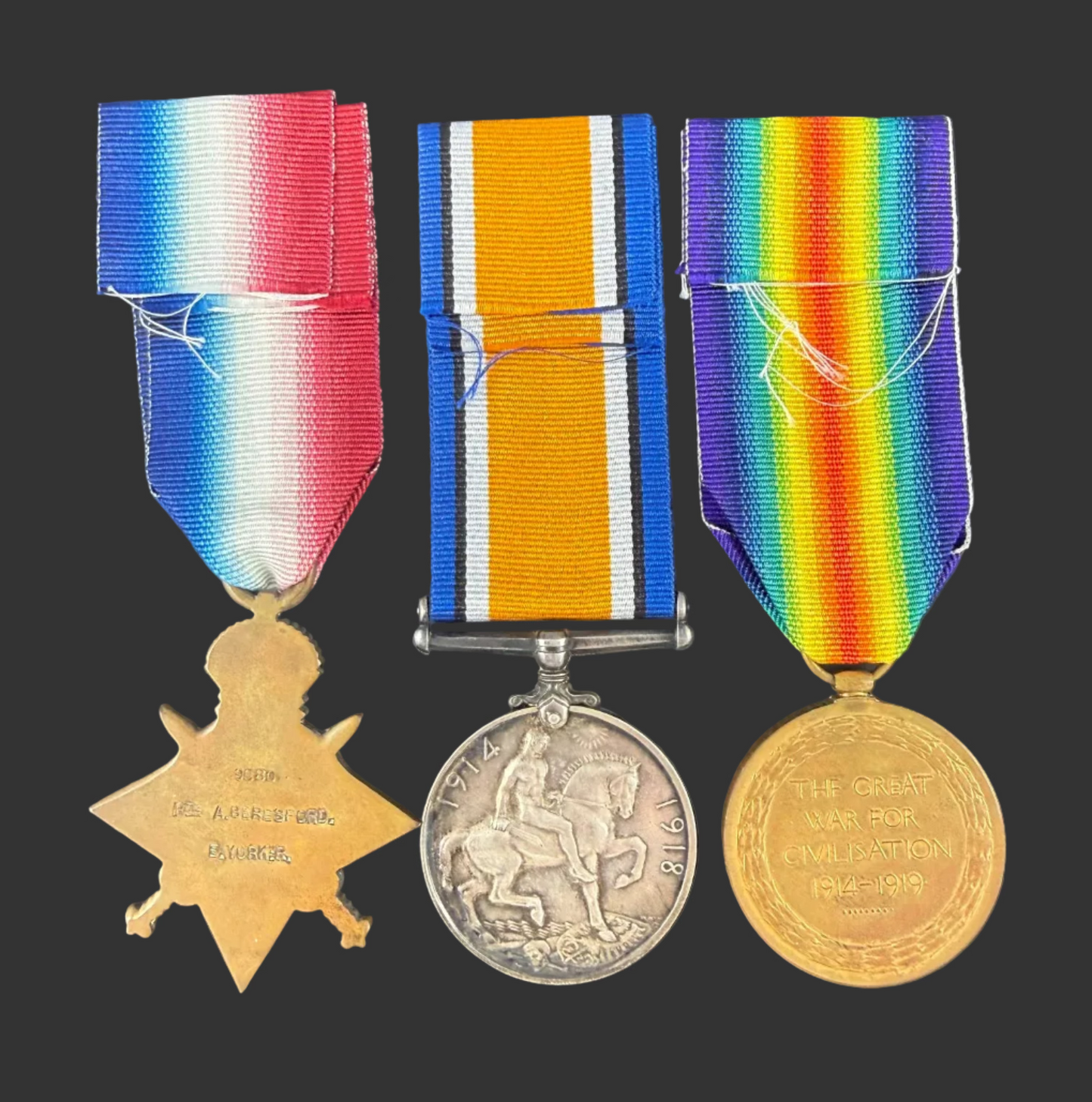 British - WWI - 1914-15 Medal Trio to 2nd Battalion East Yorkshire Regiment - WIA - Beresford