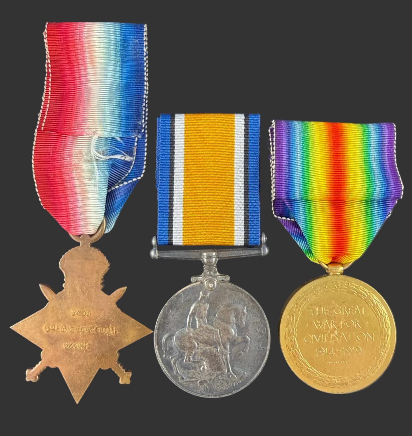 British - WWI - 1914 Star Medal Trio to 6th (Inniskilling) Dragoons - WIA - Boardman