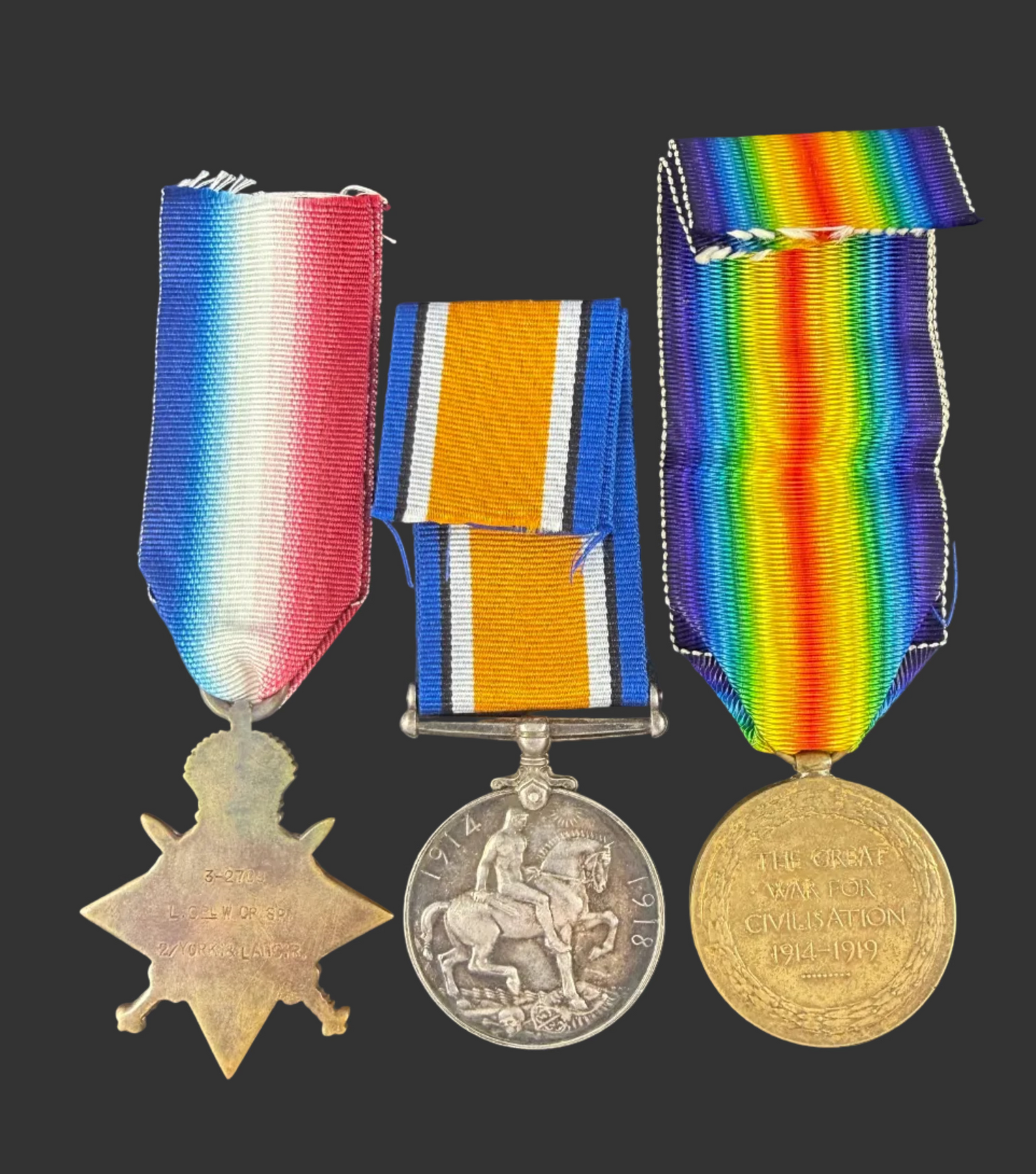 British - WWI - 1914 Star Medal Trio to 2nd Battalion York and Lancaster Regiment - WIA - Crisp