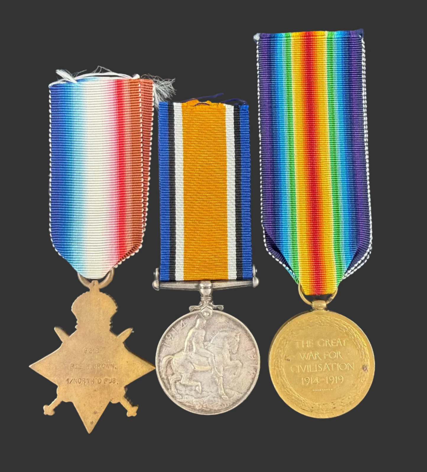 British - WWI - 1914 Star Medal Trio to 1st Battalion Northumberland Fusiliers - WIA - Brown