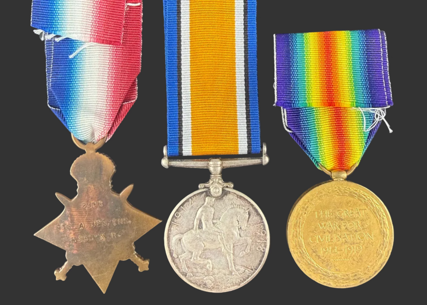 British - WWI - 1914-15 Medal Trio to Middlesex Regiment - DoW - Jenkins