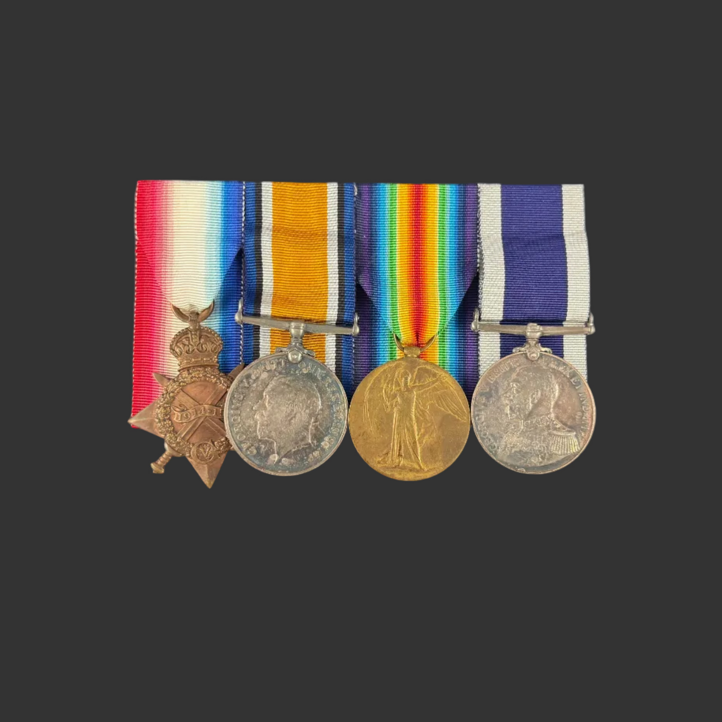 British - WWI - 1914-15 Medal Trio and Royal Navy Long Service Medal Group - HMS Dominion - Moyse