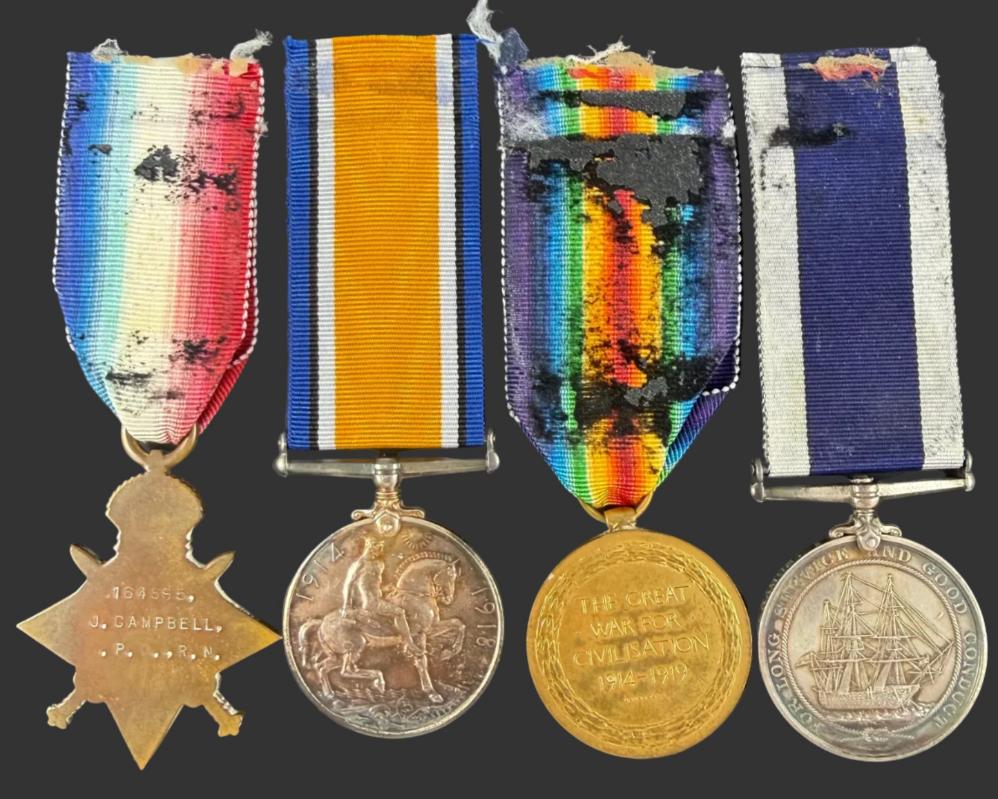 British - WWI - 1914-15 Medal Trio and Royal Navy Long Service Medal Group - HMS Pyramus - Campbell