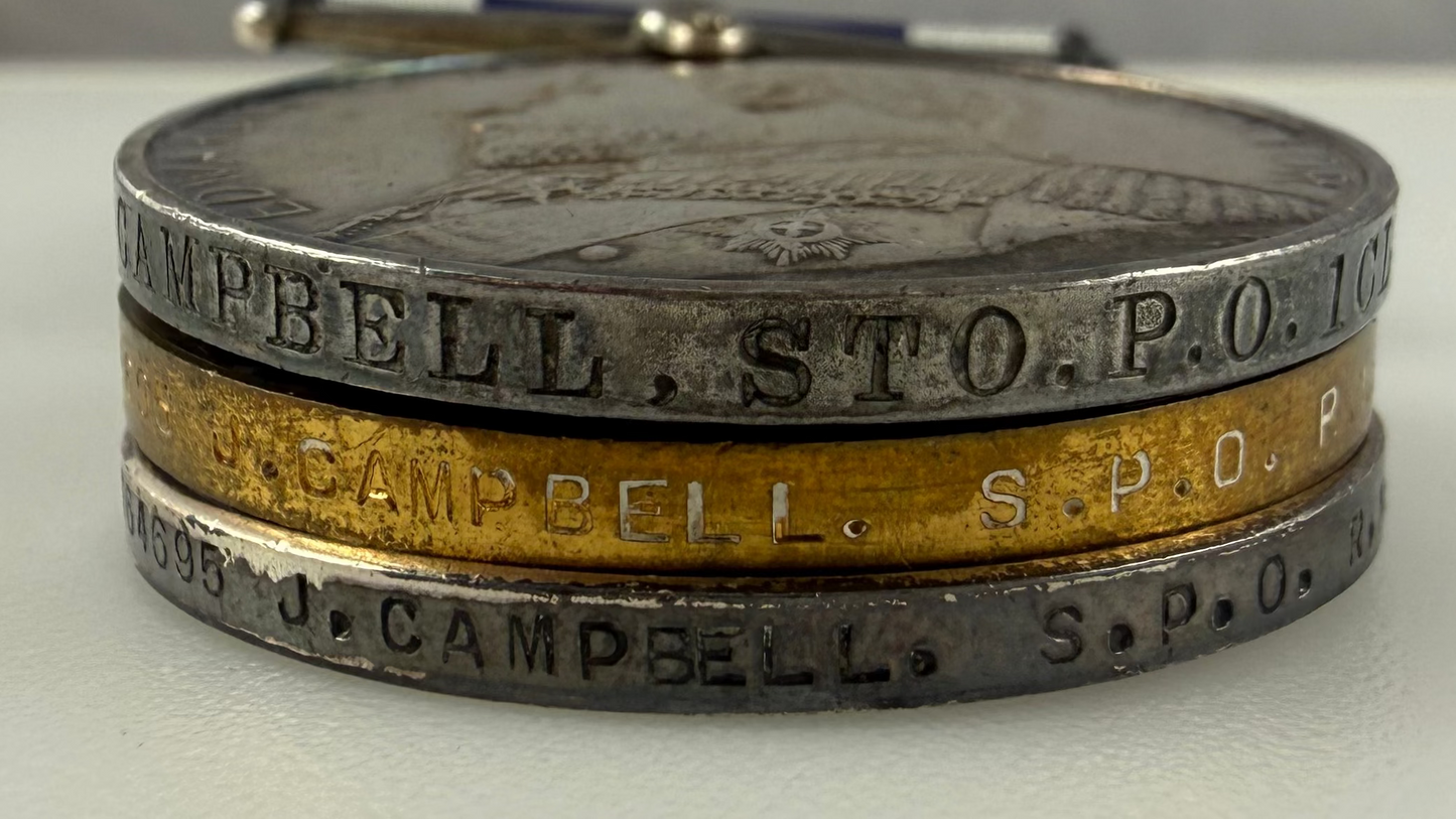 British - WWI - 1914-15 Medal Trio and Royal Navy Long Service Medal Group - HMS Pyramus - Campbell