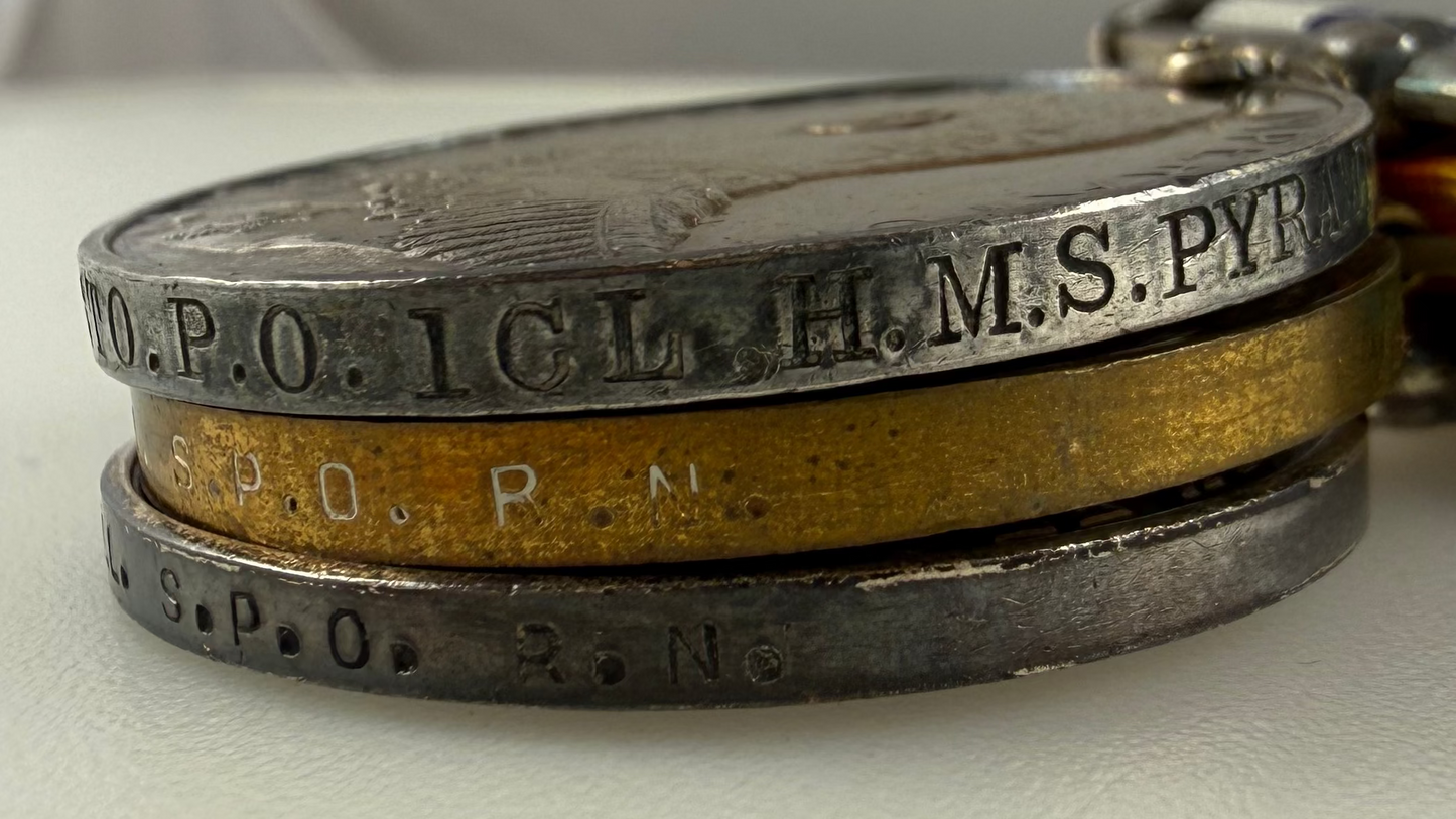 British - WWI - 1914-15 Medal Trio and Royal Navy Long Service Medal Group - HMS Pyramus - Campbell